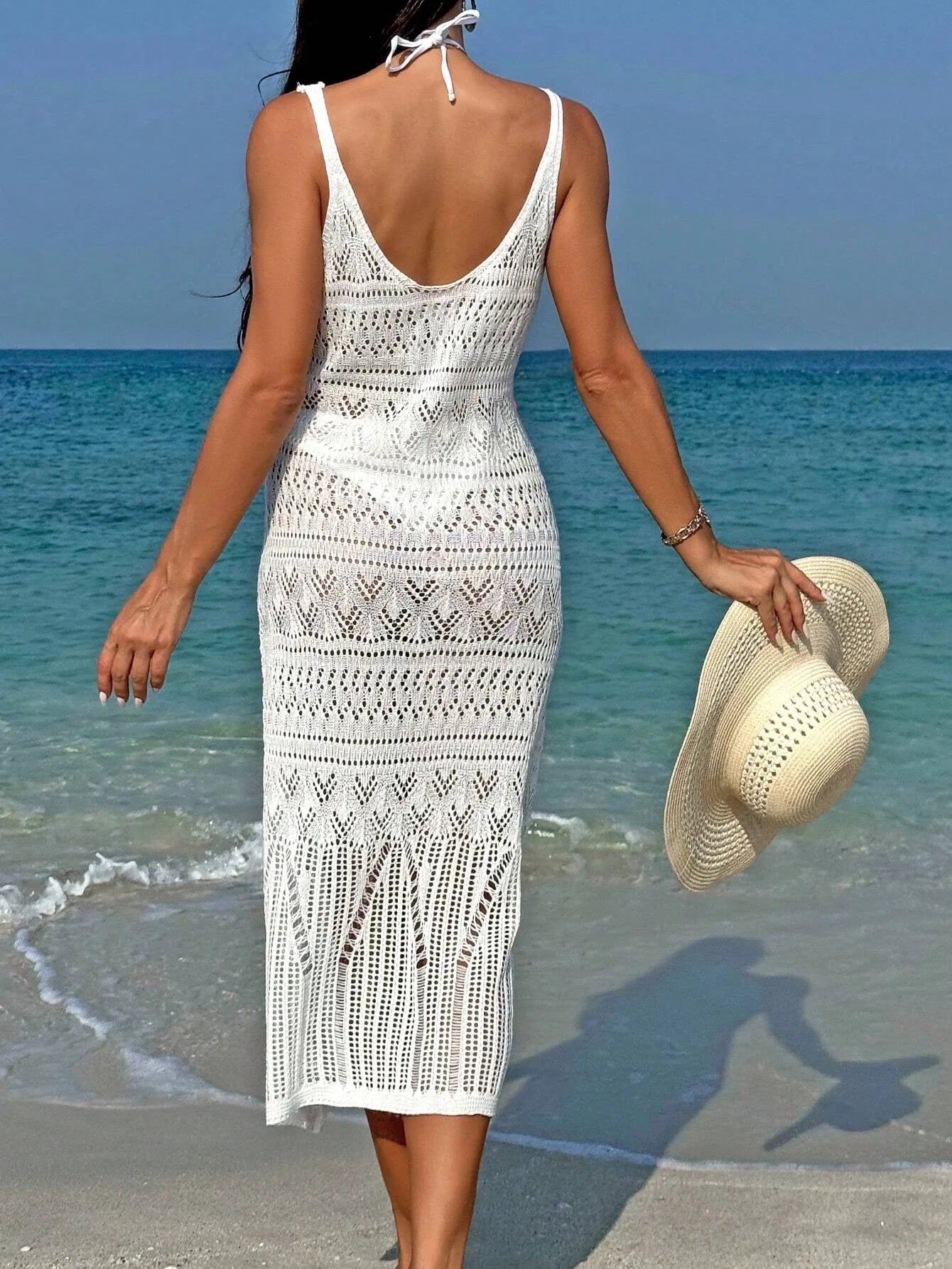NEW Arrivals S-2XL UK Size Black/White Sexy Handmade Crochet Women's Fashion Hollow Out Maxi Dress Cover Up Skirt Suspender Skirt Showing Body Waistline Free Bikini Cover Ups Dress