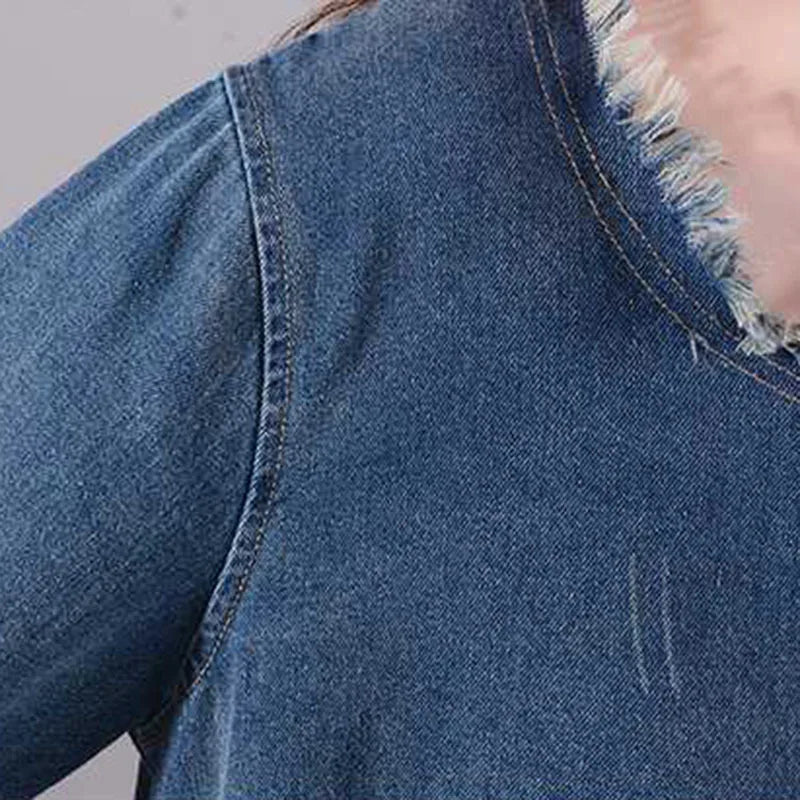 M-2XL Fashion Women's Wash Plush Edge Pockets Loose Denim Dress Autumn Trendy O-Neck Long Sleeves Dresses Female 1LS006 Female Streetwear Casual Clothing Supplies