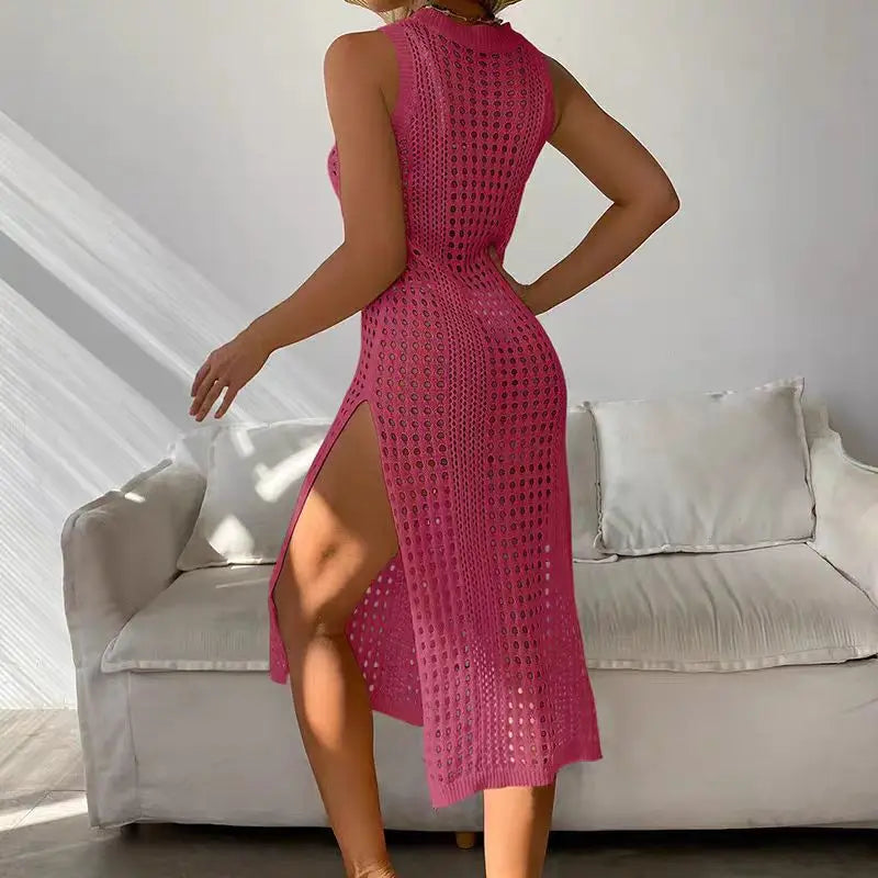 NEW Arrivals Green/Rose Red Women Sexy Hollow Out Crochet Cover Up Swimwear Sleeveless Bikini Dress Smock Split Sexy Beach Knitwear Solid Swimsuit Girls Ladies Sexy Beach Wear Dress