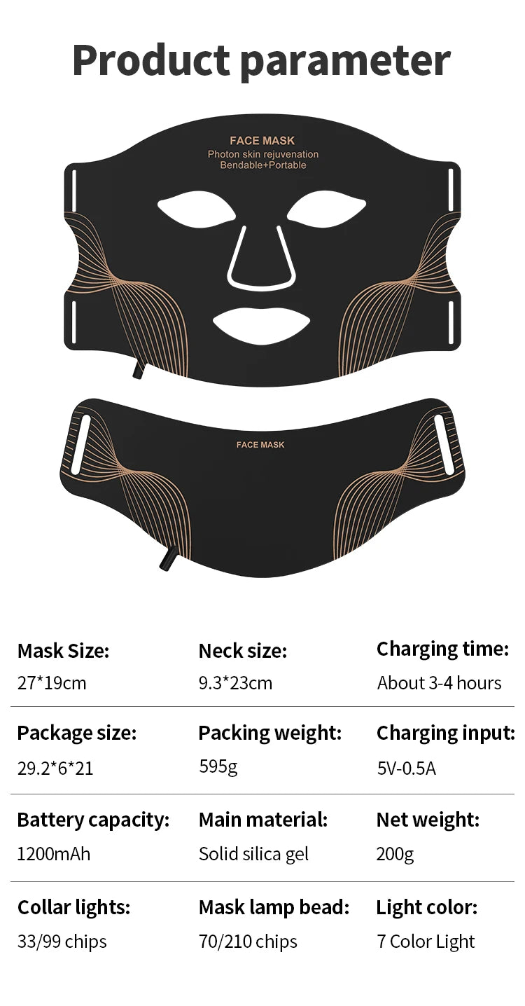 Hello New Face 7 Color LED Face Mask with Neck Wireless Portable Red Light Therapy for Anti-Aging, Wrinkles, Skin Rejuvenation, Home Use Women Beauty Salon Spa Supplies