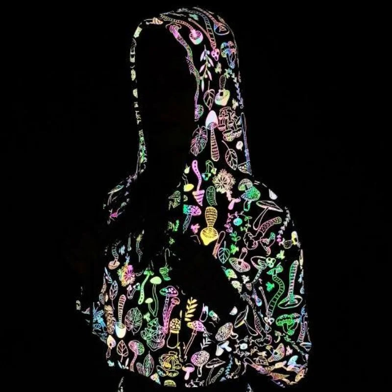 NEW Arrivals Spring Autumn Women Colorful Reflective Pullover Hoodies Y2K Harajuku Mushroom Printed Long Sleeve Crop Tops Night Clubwear Rave Party Costume