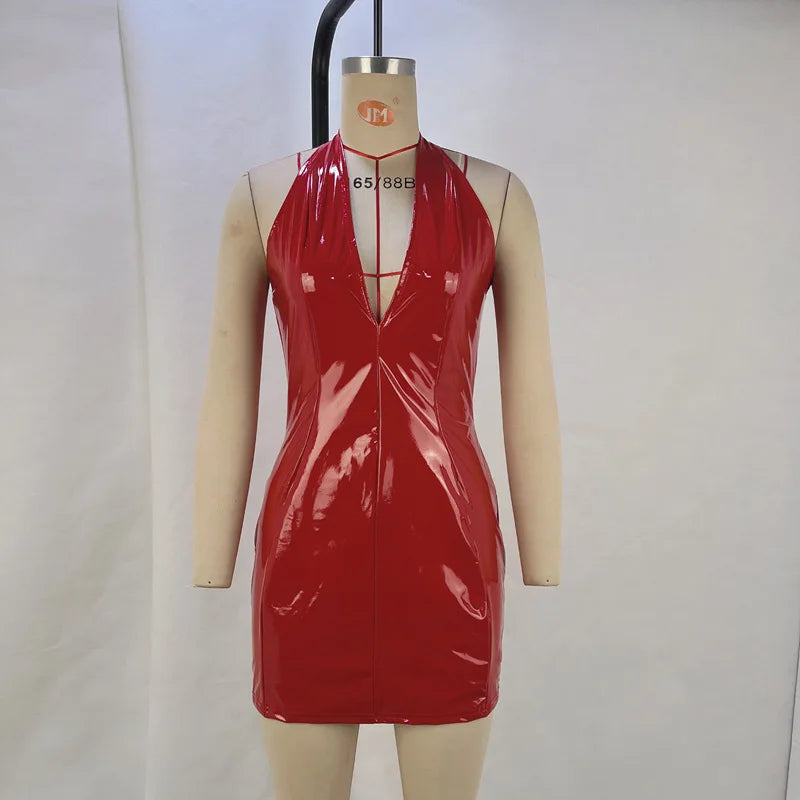 Black/Red Color PU Leather Deep V-Neck Girdling Waist Slim Bodycon Dress Women Sleeveless Skinny Mini Dress Evening Club Party Mini Dress
