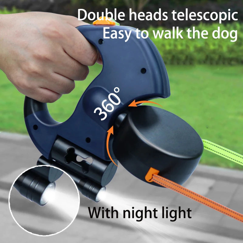 3M Multi-functional Dog Walking Leashes Automatic Retractable Dog Rope 360° Swivel No Tangle Double Dog Walking Rope With Lights