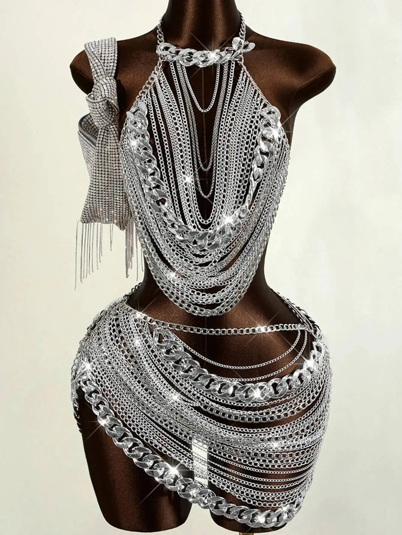 Just Arrived Silver/Golden Color Sexy See Through Metal Chain Summer Luxury Mini Dress Women Night Clubwear Birthday Wedding Evening Party Dress Sets Backless Beach Party Short Dress