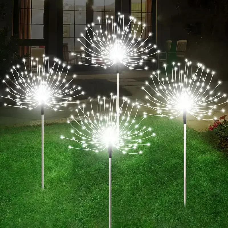 NEW Arrivals 4PCS Set Solar Garden Lights 200LED Waterproof Outdoor Lighting with Installation Hardware Firework Lights for Pathway Lawn Christmas Holiday Decoration Supplies