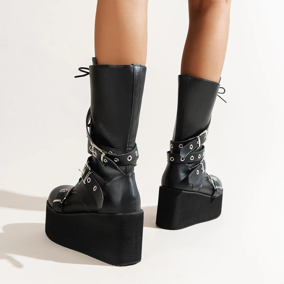 NEW Arrivals Big Size 43 Women Boots Black Lace Up Buckle Round Toe Wedges Platform Boots Punk Goth INS Women Street Shoes