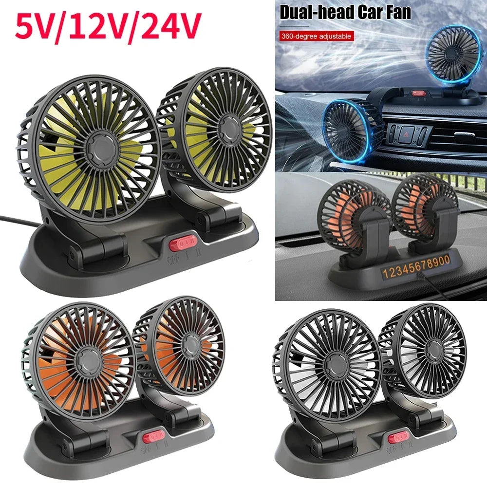 2/3 Heads Set 5V 12V 24V Car Cooling Fan 360° Adjustable Dual Head Air Fan USB 2Speeds Automotive Electric Fan For Dashboard RV Truck Vehicle Air Cooling Supplies Sets