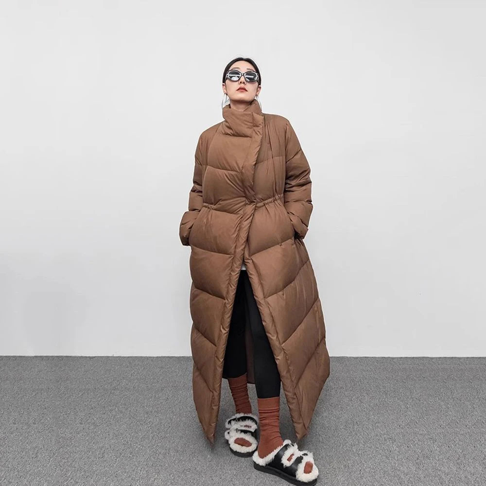NEW Arrivals S-2XL UK Size Black/Brown Winter Warm Windproof  Tibetan Large Lapel Long Down Jacket Overcoat Women 90 White Duck Down Loose Knee Length Bread Cotton Quilt Jacket Down Coat