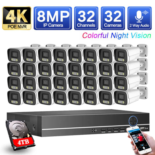 8MP Two Way Audio Camera indoor outdoor Color Night Camera CCTV Video Surveillance Security System 32CH 4K POE NVR Kit
