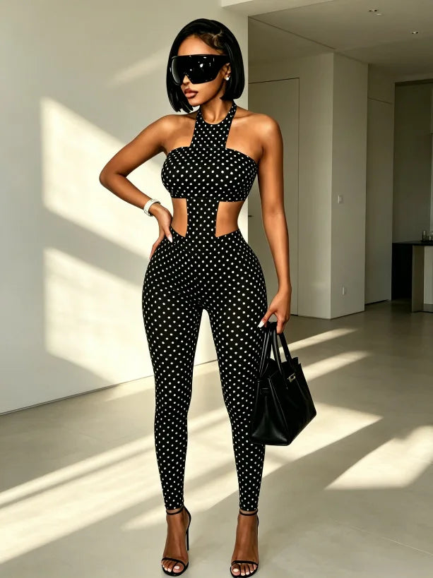 Just Landed 2 PCS Set Black/White Color Polka Dot Halter Crop Top Set Hollow Out High Stretch Skinny Pants Y2K 2026 Women Sexy Night Club  Evening Party Tracksuit Female Apparel Sets Clothing Supplies