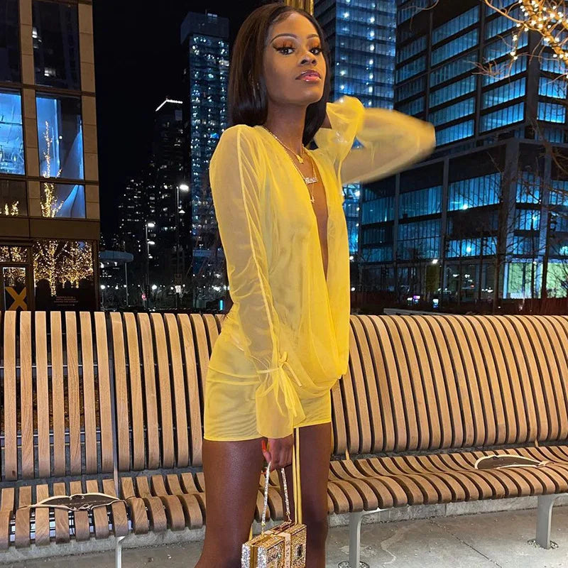 NEW Arrivals 5 Colors Sexy Deep V Neck Sexy Wrapped Mini Mesh Dress Women See Through Backless Long Sleeve Summer Evening Beach Party Night Club Bodycon Dress