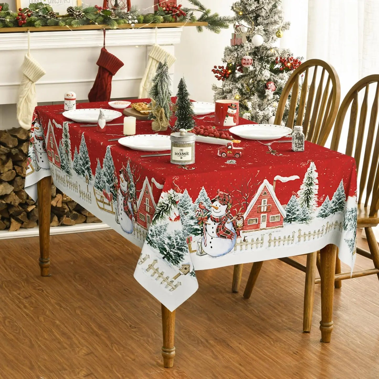 NEW Christmas Winter Snowman Xmas Trees Rectangle Tablecloth Dining Room Decor Durable Tablecloth for Table Party Picnic Supplies Home New Year Eve Clothing Products