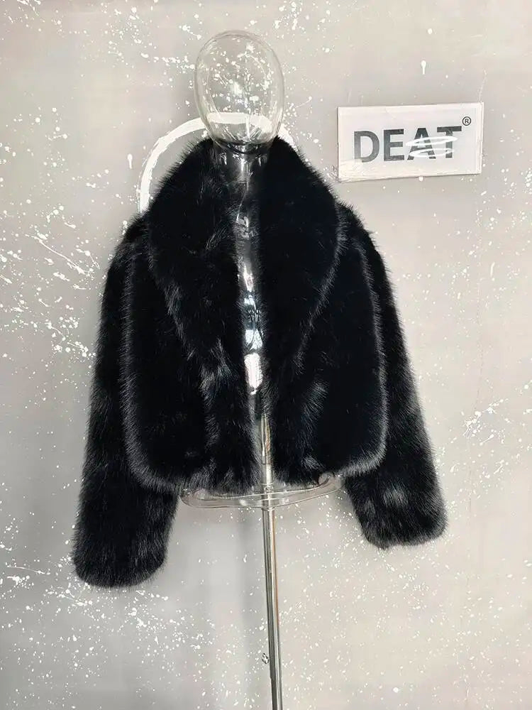 Black/Brown Color Fashion Faux Fur Coat Women's Lapel Loose Long Sleeve Thick Plush Warm Short Jackets Winter New 7A914