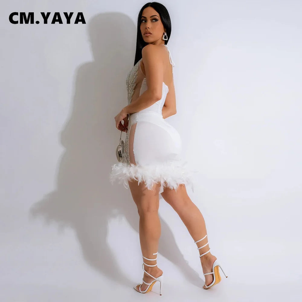 5 Colors S-2XL Women Sequined See Through Feather Strap INS Bodycon Mini Dress Spring Summer Sexy Night Party Club Prom Dresses