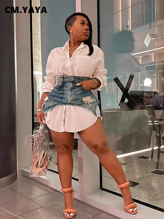 Vintage Women Long Sleeve Turn-down Collar Shirt Blouse Style Dress with Denim Jean Irregular Mini Skirt Two 2 Piece Set