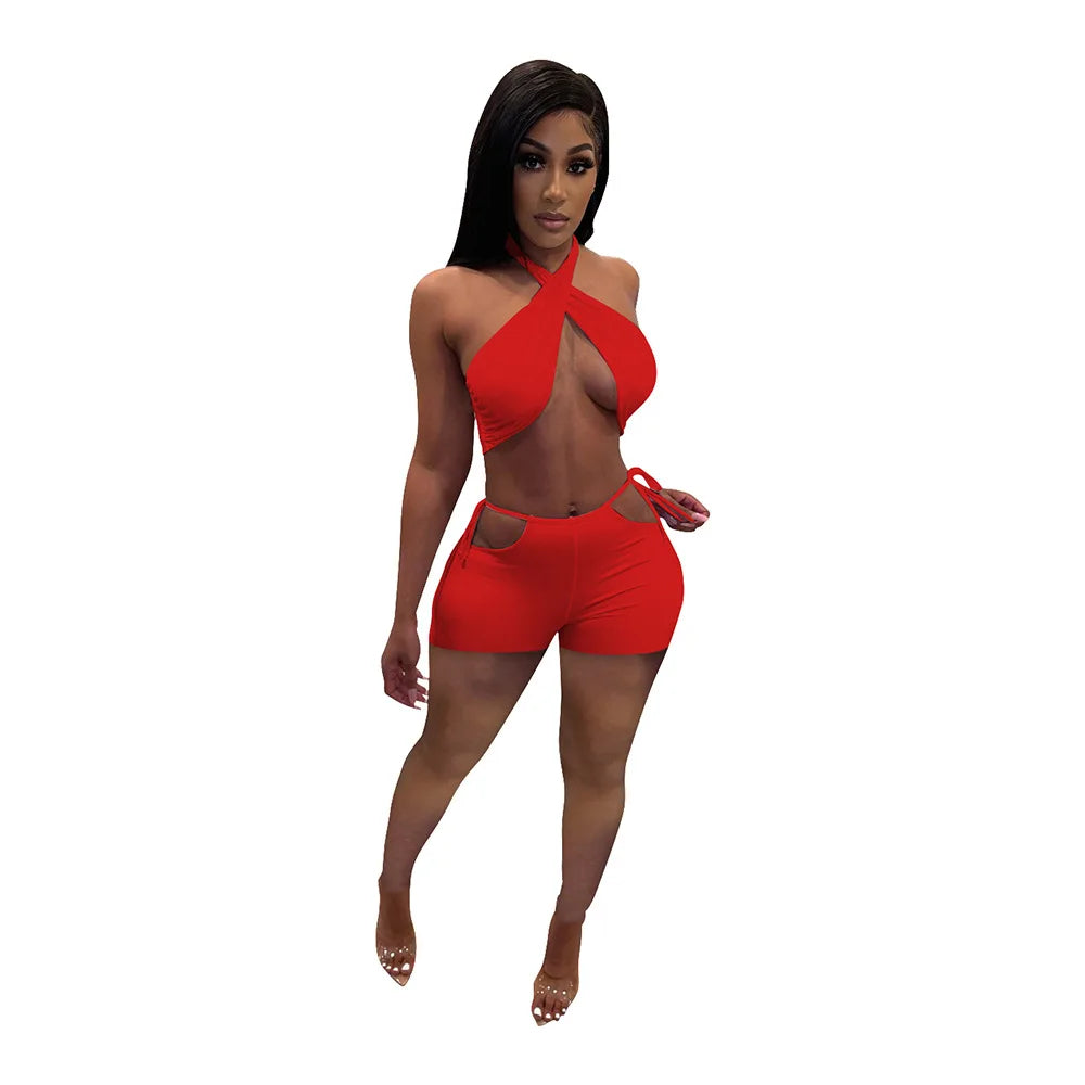 NEW Arrivals 2PCS Set 9 Colors Women Sexy Ruched Bandage Criss Cross Solid Hot Women Spring Summer Backless Evening Beach Party Night Club Crop Top and Shorts Matching Set