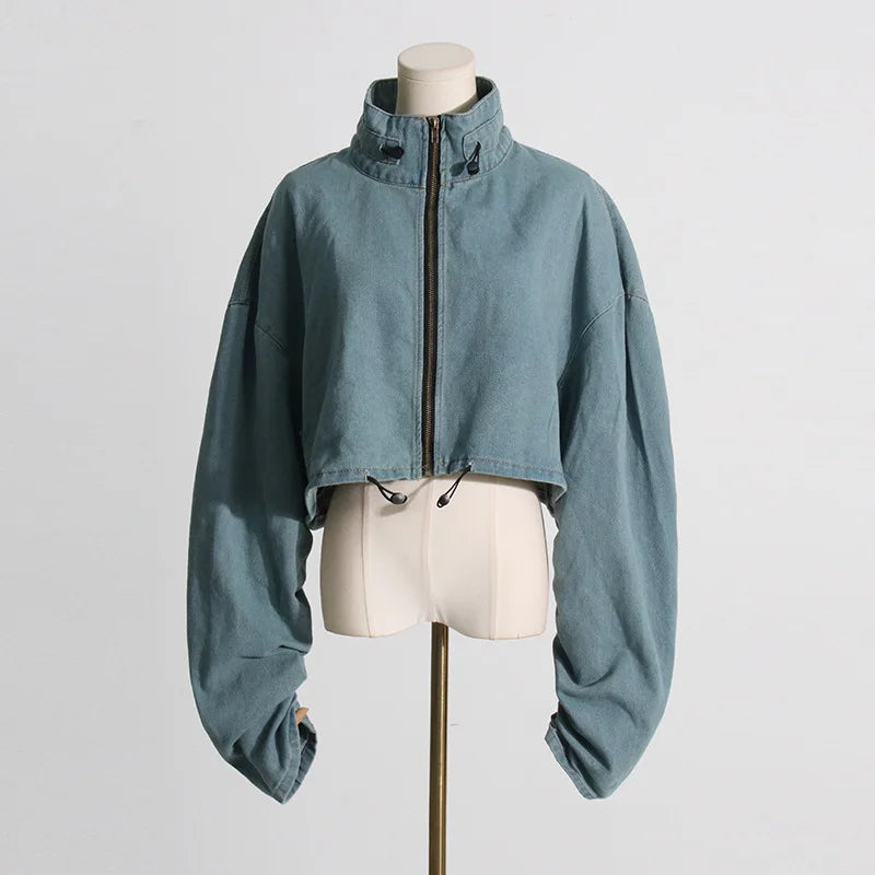 NEW Arrivals S-XL UK Size Dark Gray/Blue Women's Spring New Niche Design Sense Tooling Style Denim Jacket, High Waist Loose Short Denim Stand-Up Collar Zipper Jacket Y2K