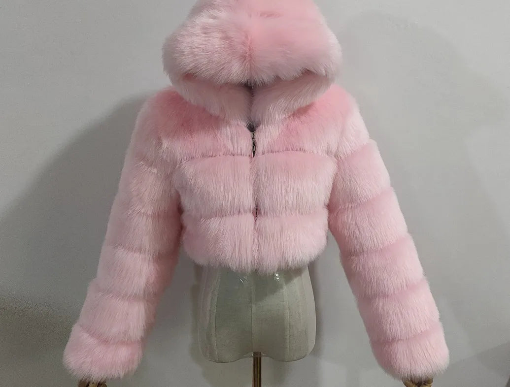 NEW Arrivals S-3XL Coffee/Dark Gray/Black Fashion Women Environmental Red Faux Fox Fur Coat with Hood Thick Warm Full Pelt Fake Fur Jacket Short Winter Woman Fur Coat Ladies Girls Luxury Fashion Clothing Supplies