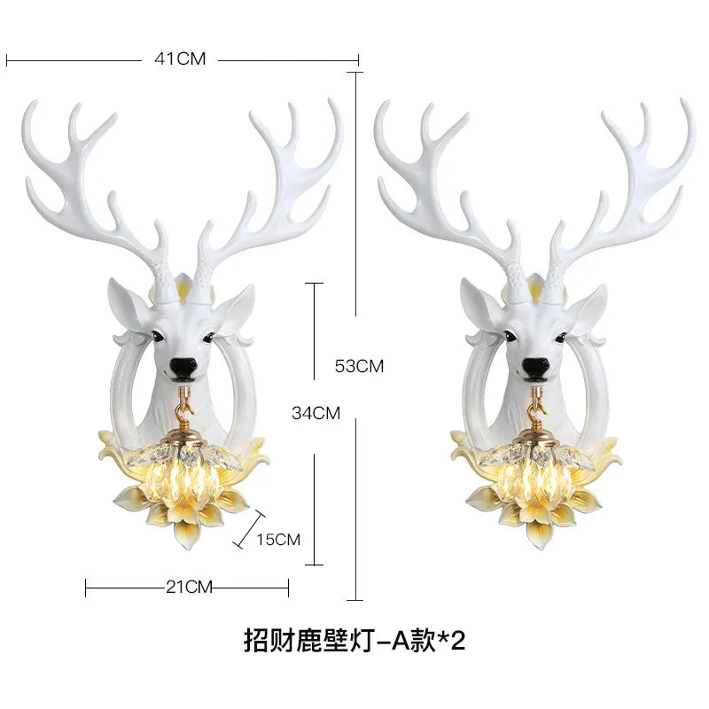 American Retro Lucky Deer Head Warm and White Lighting Wall Lamps Living Room Bedroom Restaurant Hotel Atmosphere Decorate Crystal Antlers Wall Sconces