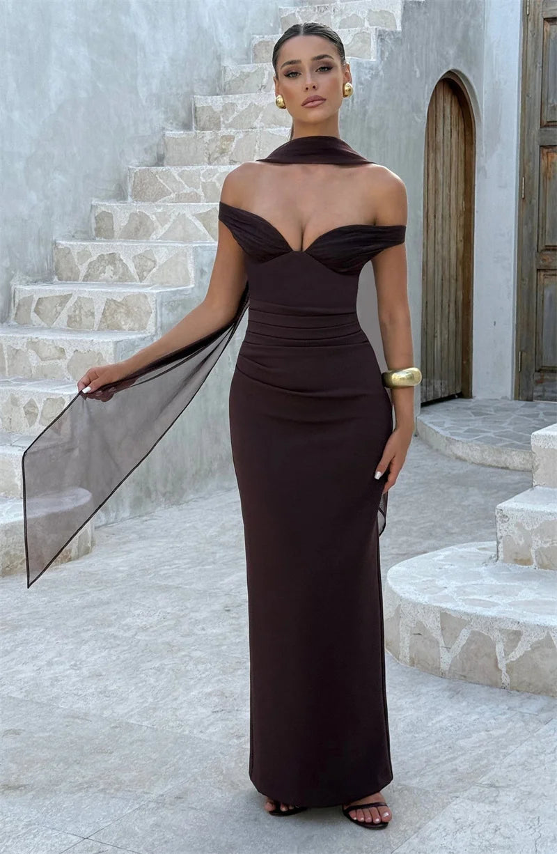 UK Size Black/Brown/Pink Color Scarf Collar Off-Shoulder Sexy Maxi Dress Women Gown Fashion With Sleeve Strapless Backless Club Party Long Dresses