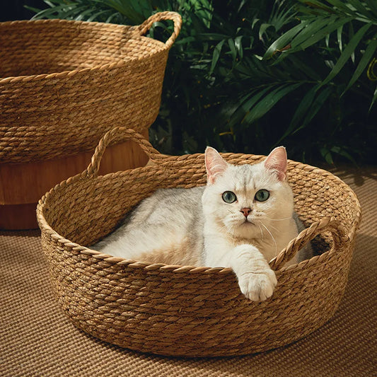 Bamboo Rattan Weaving Basket For Cat Comfortable Sleeping Pet Dog Bed Summer Cool Weave Cat House Donut Round Kitten Puppy Bed