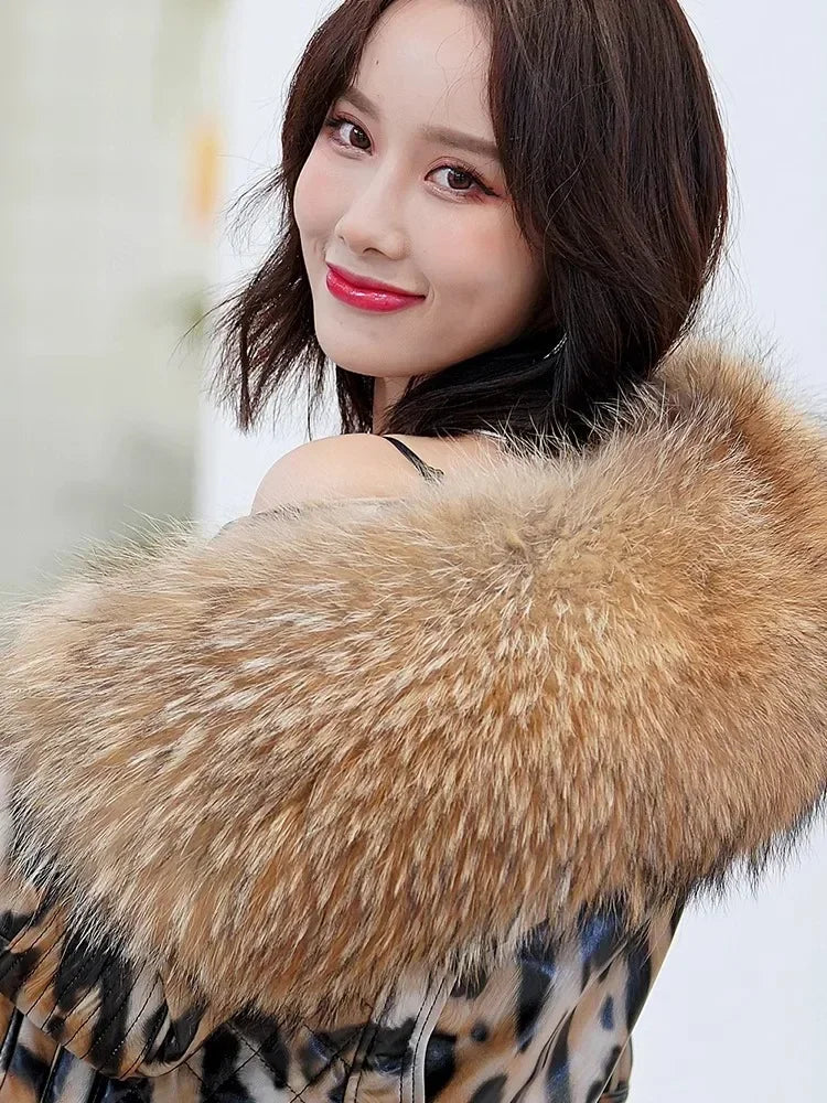 NEW Arrivals S-3XL  Real Raccoon Fur Collar Luxury Winter Women Genuine Leather Short Brand Women Sheepskin Leopard Motorcycle Jacket Big Fur Collar Slim