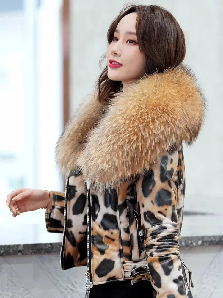 NEW Arrivals S-3XL  Real Raccoon Fur Collar Luxury Winter Women Genuine Leather Short Brand Women Sheepskin Leopard Motorcycle Jacket Big Fur Collar Slim