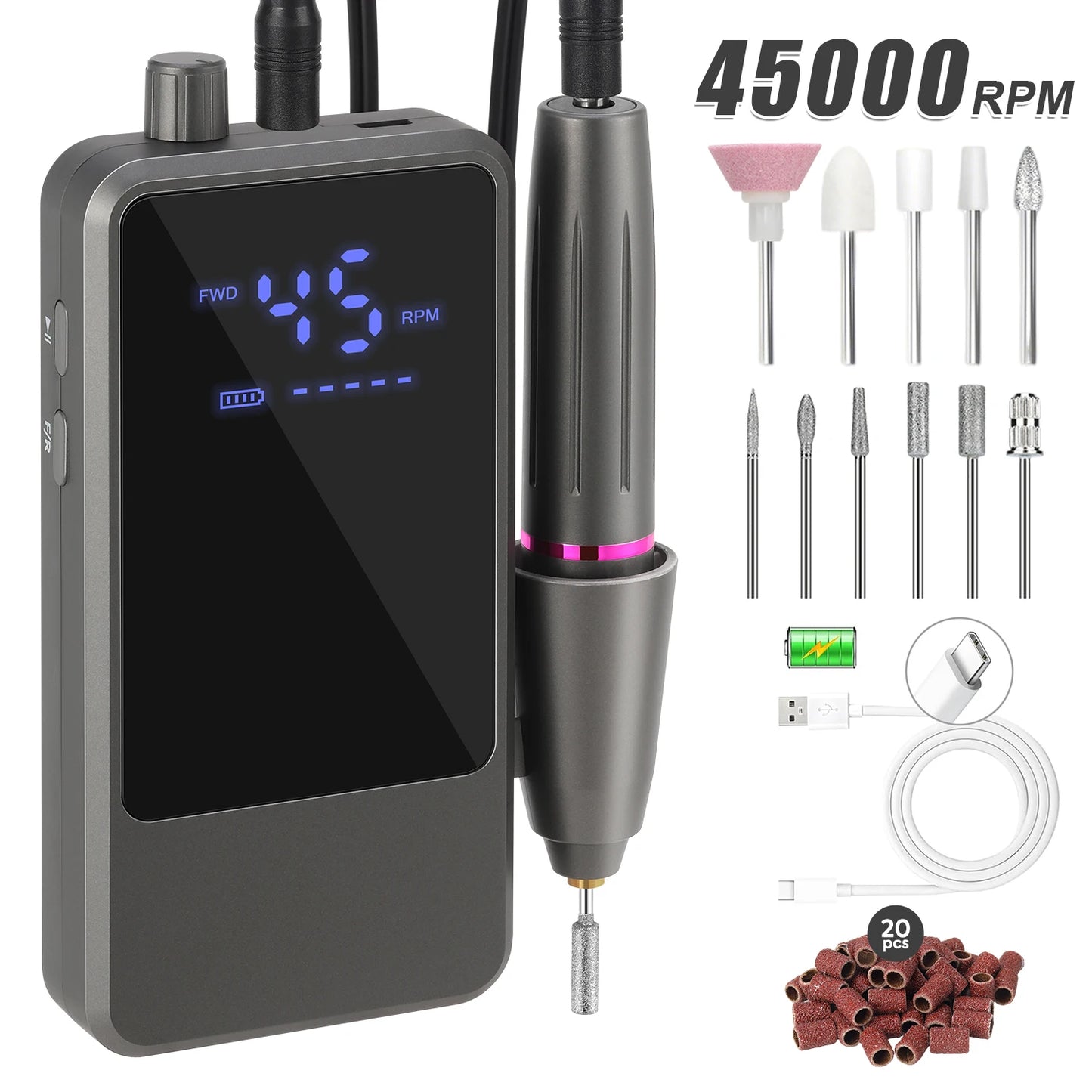 45000RPM Nail Drill USB Type C Electric Machine Portable Nail Polisher with LCD Display Electric Nail Polisher with 1600mAh Nail Tools Outdoor Travel Home Use Manicure Nails Care Supplies