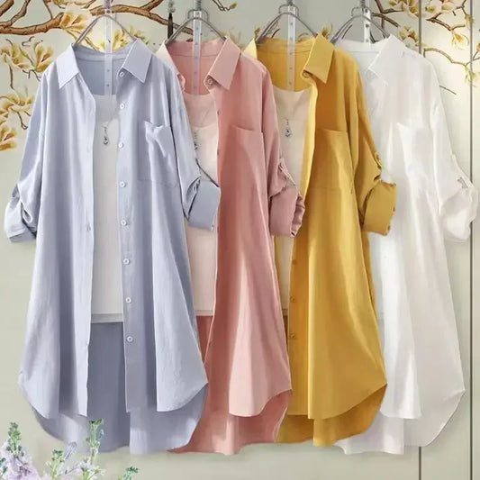 NEW Arrivals XL-5XL Plus Size 4 Colors Loose Breathable Blouses Midi Shirt Korean Casual Autumn Shirts Women Simple Solid Female Long Sleeved Shirts