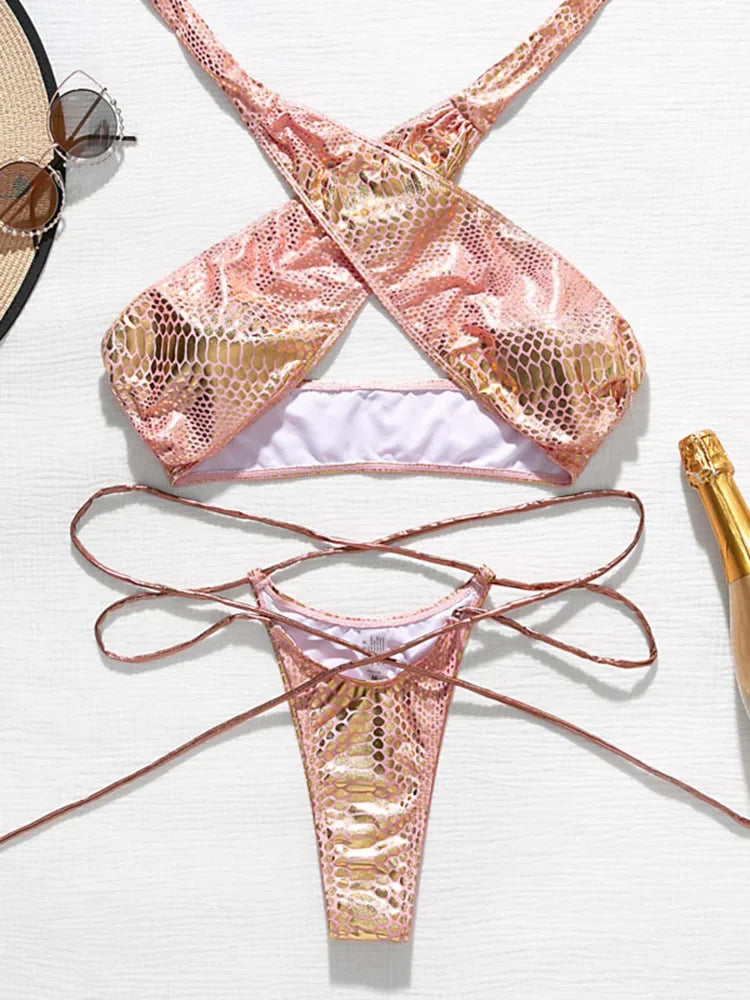 NEW Arrivals 2PCS Set UK Size Silver/Pink/Golden Snake Skin Sexy Mini Micro Thong Bikini Women Swimwear Female Swimsuit Bikini Set Halter Wrap Around Bathing Sexy Girls Suit Swim Beach Wear