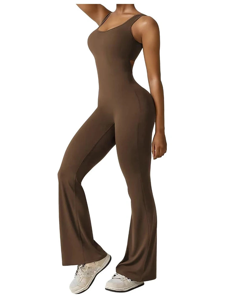 5 Colors S-XL Size Women's Fitness Flared Bodysuit Sexy Backless Fitness Tight Waistband Hipless Yoga Bodysuit V Back Waistband Hip Lift Female Apparel Sports Clothing Supplies