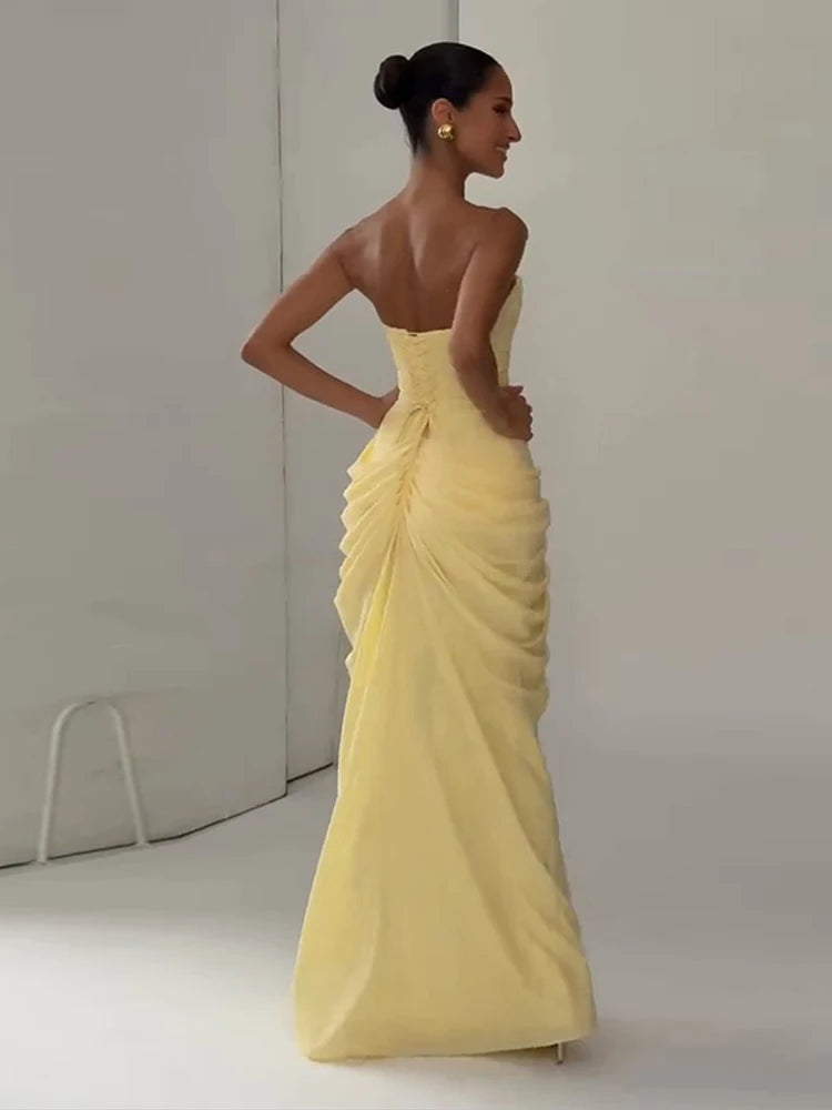 7 Colors Elegant Strapless Women's Dresses Sleeveless Waist Cinching Pleated Split Party Dress Spring Summer Evening Party Trendy Female Fashion