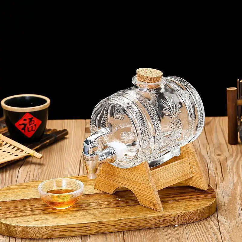 1000ML Full Set Glass Whiskey Barrel Wine Barrel Beer Bottle Fruit Aging Alcohol Honey Storage Container With Base Faucet Bar Set Home Bar Pubs Restaurants Barware Accessories