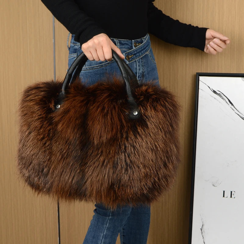 Luxurious Real Natural Red Fox Fur Handbag Women Single Shoulder Crossbody Bags Lady Clutch Bag Tote Bag Winter Outdoor Evening Travel  Ladies Warm Shoulder Bags Female Women Luxury Fashion Clothing Accessories Products