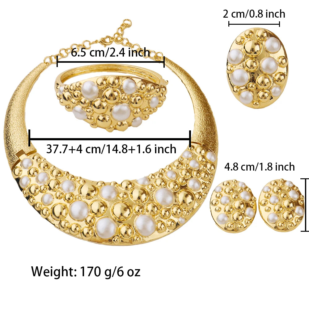 Dubai 24k Gold and Silver Plated Jewelry Set Luxury Women Original Necklace Earrings Pearl Bracelet Ring Bridal Evening Wedding Party Business Dinner Red Carpet Jewelry Luxury Gift for Wife Girlfriend
