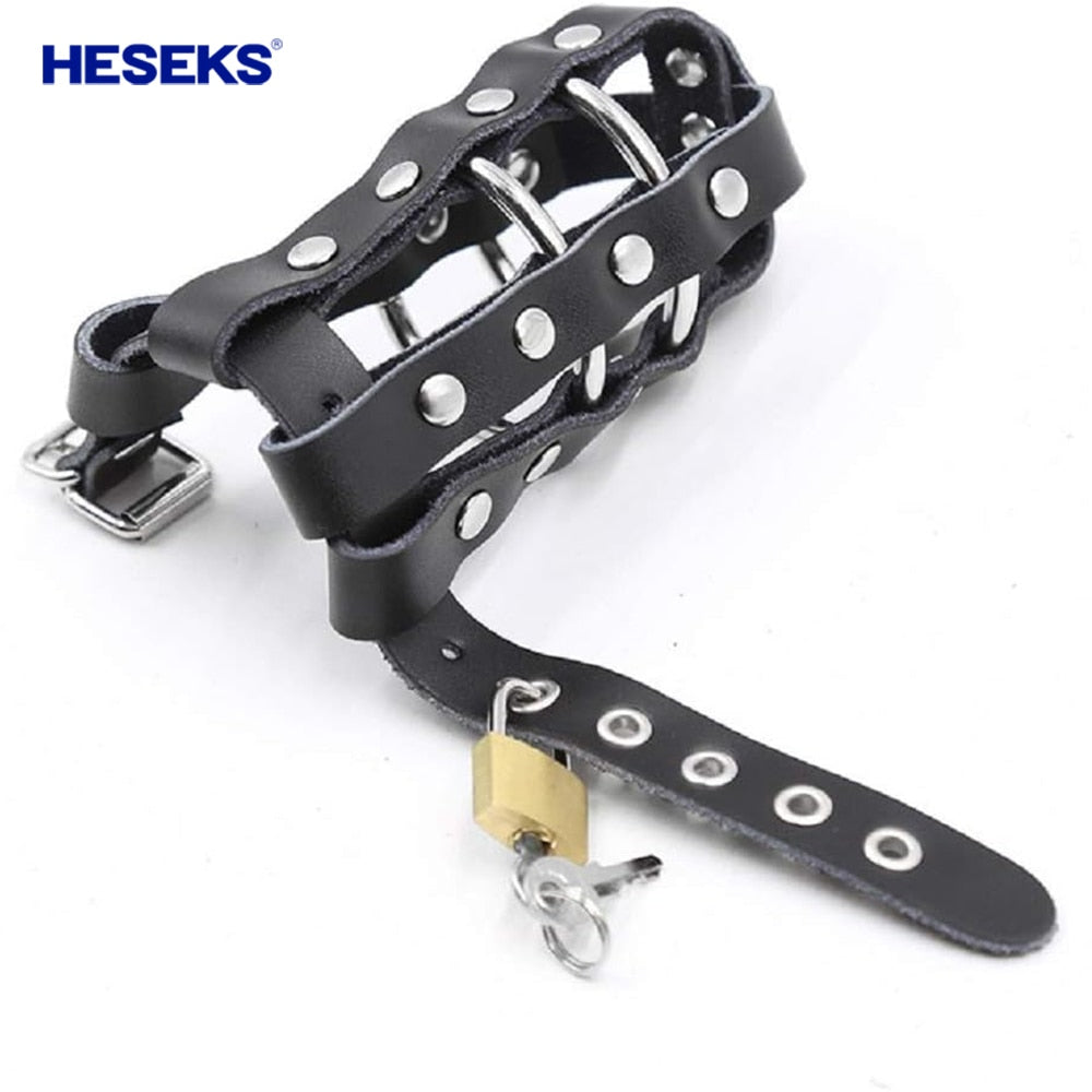 Adult HESEKS Fetish Leather Penis Locks Adjustable Buckle Cock Cage Metal Locked Penis Ring Chastity Device Adult Sex Game for Men Gay