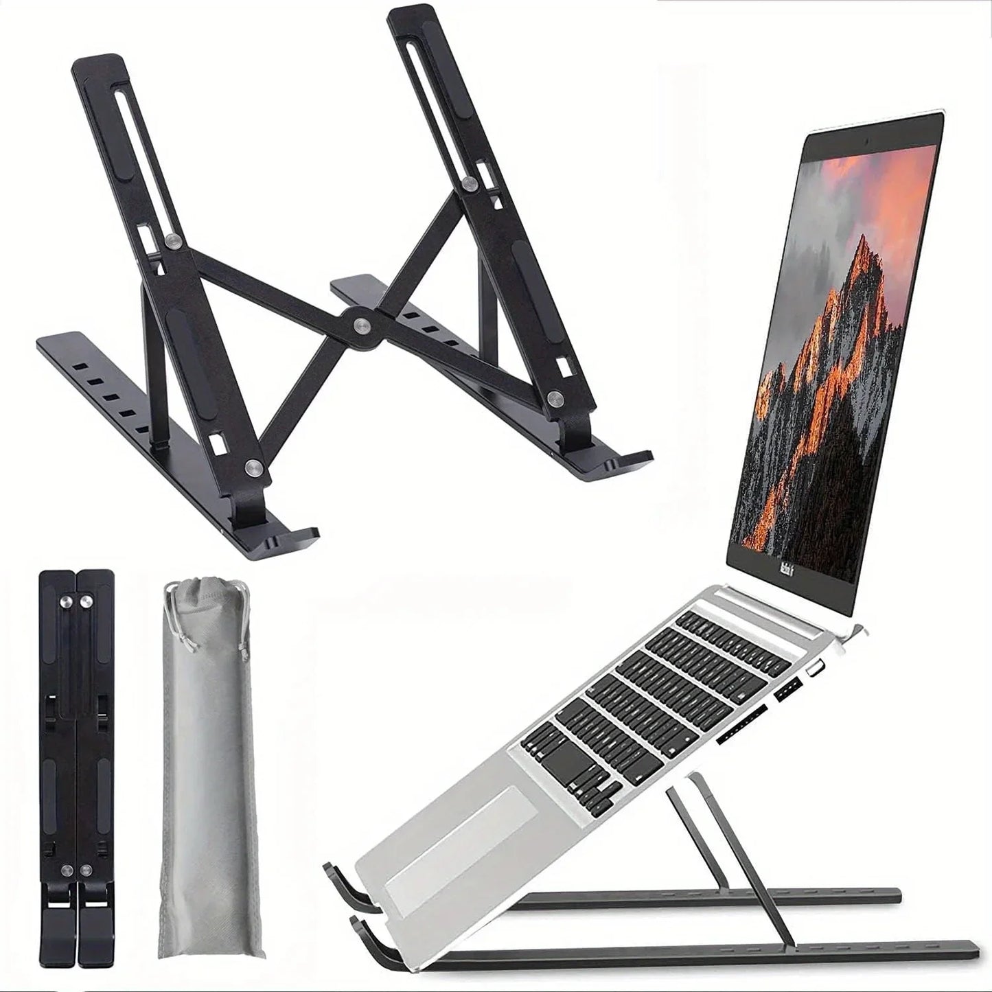 Black/White Color Adjustable Aluminum Laptop Stand - 6-Level Height, Foldable & Portable Design For 8-16” Laptops, Enhanced Ventilation & Heat