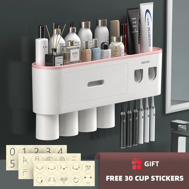 NEW Arrivals  Wall Mounted 5 Cups Toothbrush Holder Magnetic Adsorption Inverted Toothpaste Squeezer Double Automatic Toothpaste Dispenser Bathroom Accessories
