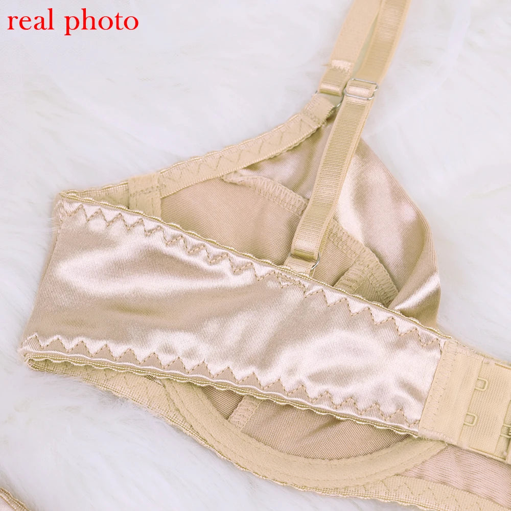 Silk Underwear Sexy Lingerie For Fine Women Seamless Bra Set Desire Hot Girl Bilizna Erotic Costume Intimate Champagne