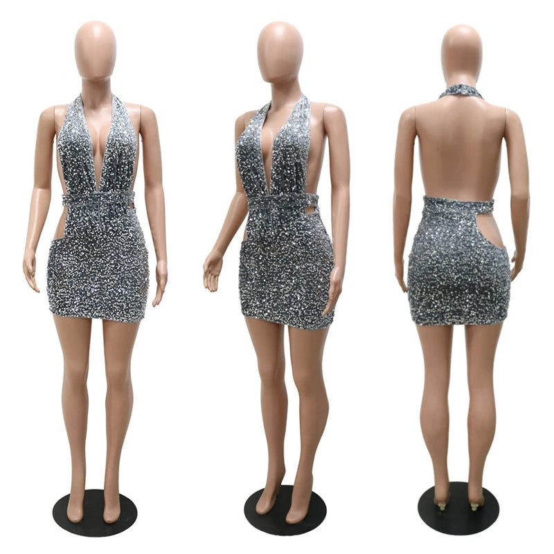 NEW Arrivals Sexy Sequin Evening Night Club Party Birthday Silver Dress for Women Sexy Glitter Sparkly Halter Cut Out Backless Bodycon Dress Elegant Mini Dress
