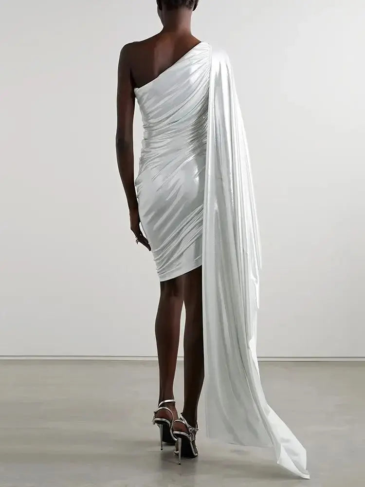 New Summer Women's High Quality Sexy One Shoulder Tight Irregular Draping Dress Elegant Celebrity Party Dress