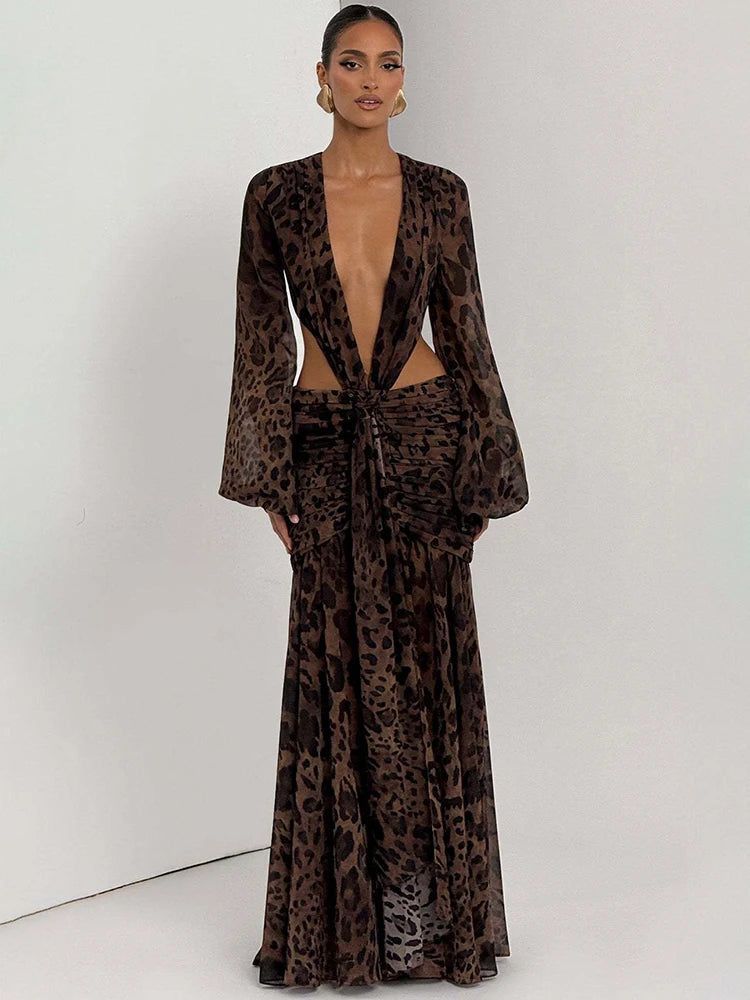 S-L UK Size 4 Colors Leopard  Long Sleeve Sexy Maxi Dress Women Fashion Hollow Out Backless Draped Ruched Bodycon Club Party Long Dress