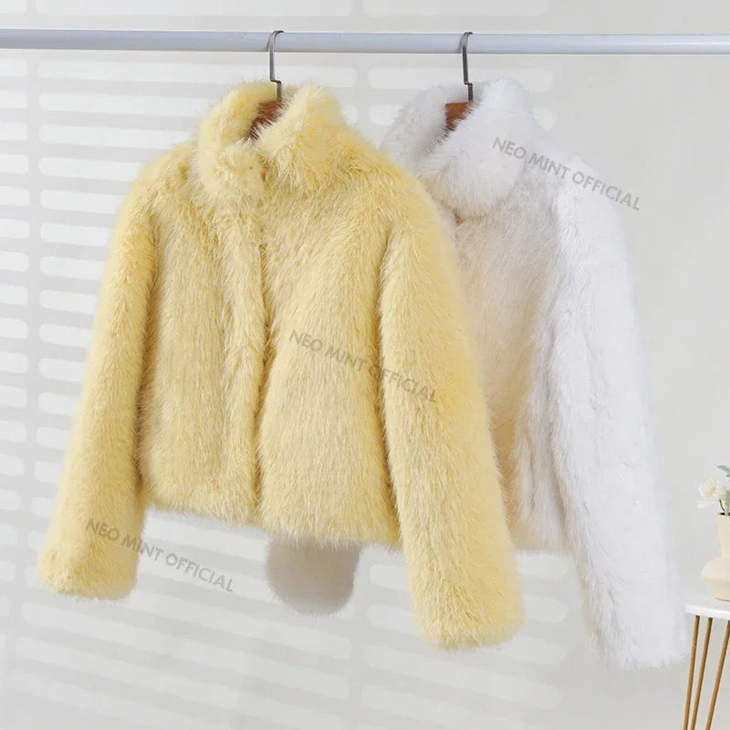 NEW Arrivals UK S-2XL Size White/Yellow Color Neo Mint Winter Women Yellow Faux Fur Jacket Chic Girls Fashion Streetwear Thicken Warm Stand Collar Fox Fur Coat Outerwear
