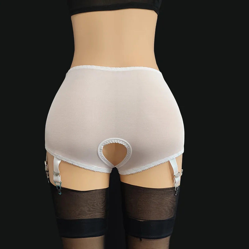 S-3XL Plus Size White/Black/Red Color Front/Back Open Crotch Panty Garter Belt for Stockings Lace Embroidery Sexy Mesh Suspenders Curvy Women Crotchless Garters Exotic Lingerie