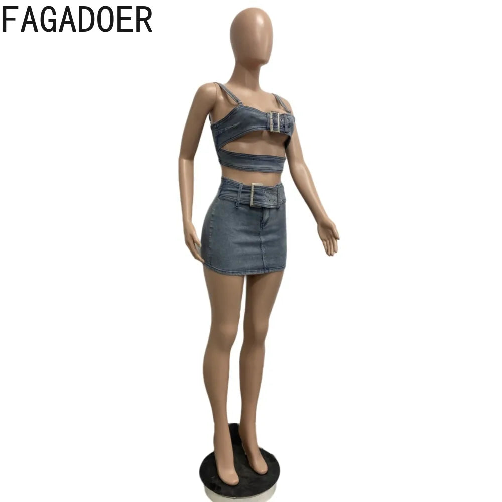 Blue Fashion Hollow Out Elasticity Denim Two Piece Sets Women Thin Strap Sleeveless Tank Top And Skirts Cowboy Outfits