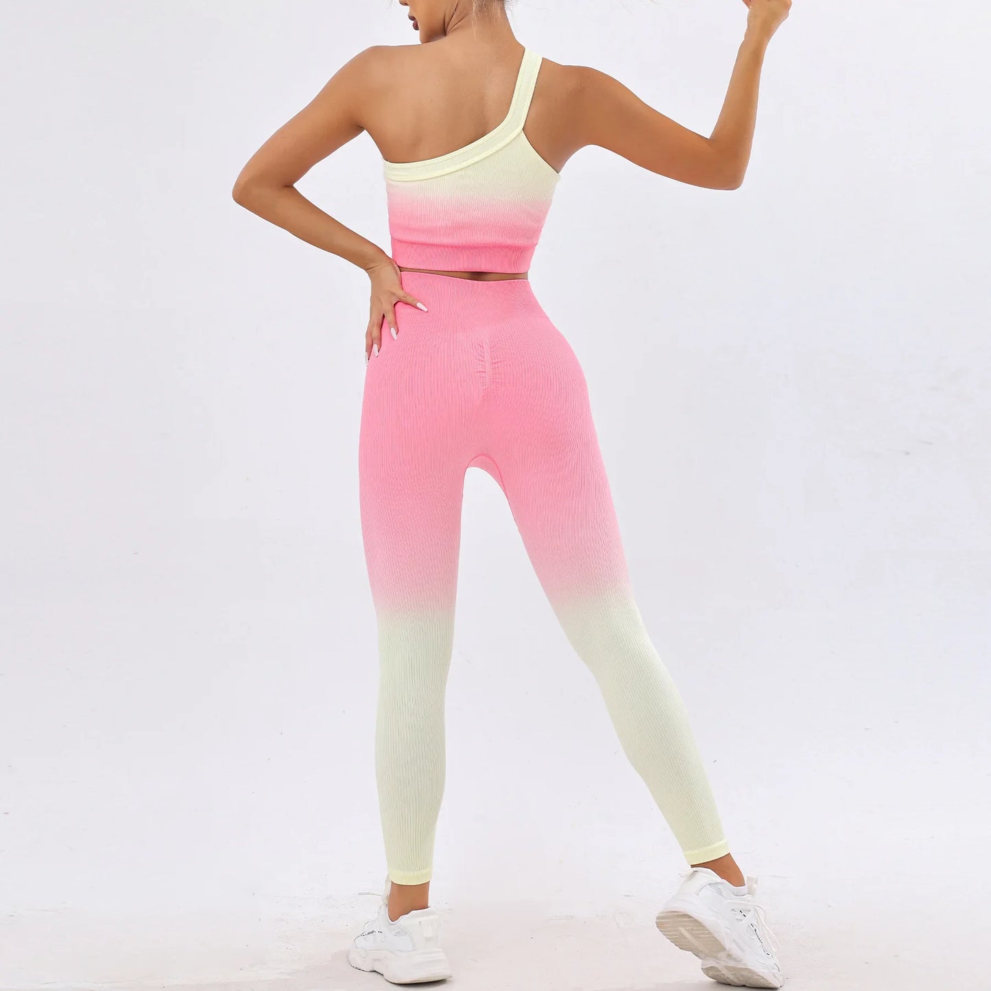 New European Style Gradient Color Seamless Yoga Suit Women's Sexy Single Shoulder Yoga Vest Push Up Leggings Trousers