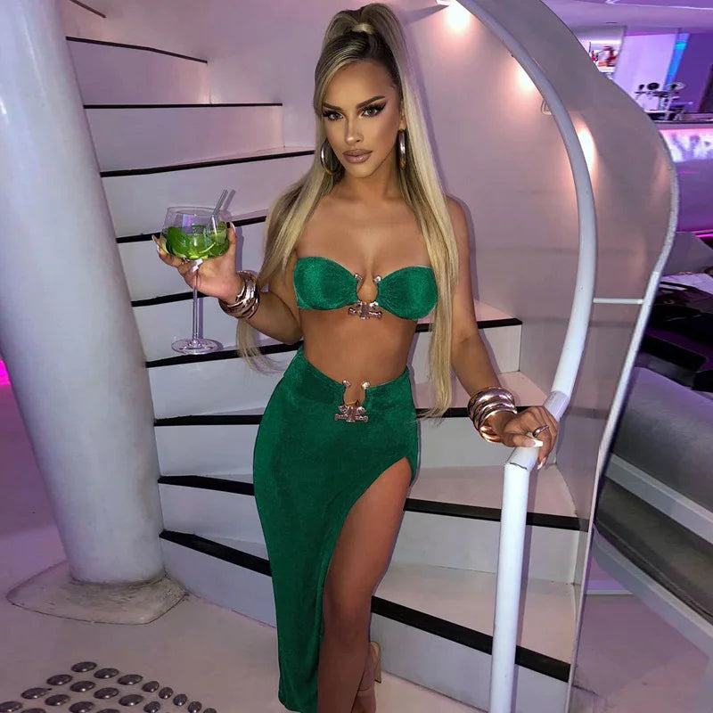 Low-Price Sales are Limited NEW 2PCS Set Velvet Sexy Strapless Crop Tube Top High Waist Slit Maxi Dress Fall Women Female Streetwear Evening Beach Party Night Club Outfit Sexy Dress Girls Ladies Luxury Fashion Clothing Suppli