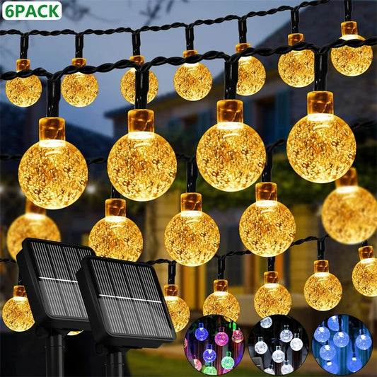 NEW 11M-60LEDS 4 Colors 6 PCS Set LED Solar String Lights Outdoor Waterproof Crystal Globe Lights with 8 Modes Garden Light for Patio Party Tree Decor