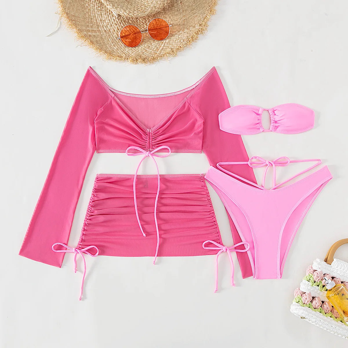 NEW Arrivals 4PCS Set - 4 Colors Women Girls Sexy Sheer Bikini Set, Bandeau Bra, High Cut Bottom, Drawstring Cover Up Top, Skirt, Summer Water Pool Beach Bathing Suit Female Ladies Summer Swimwear Swimsuit Fashion Apparel Sup