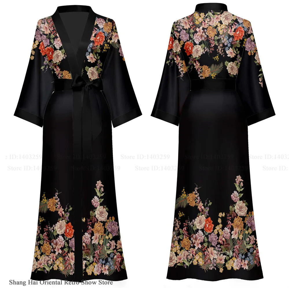 NEW Luxury Japanese Silk Elegant Flower Women Long Robe Loungewear Silky Satin Kimono Bathrobe Gown Spring Autumn New Sleepwear Home Dress Negligee